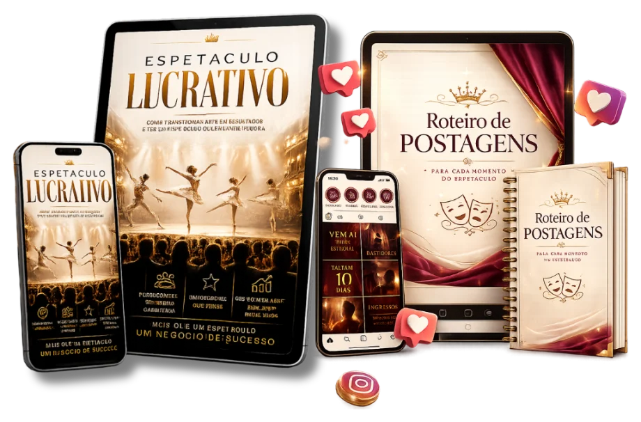 Cartilha Espetáculo Lucrativo e bônus Roteiro de Postagens em tablet, celular e caderno